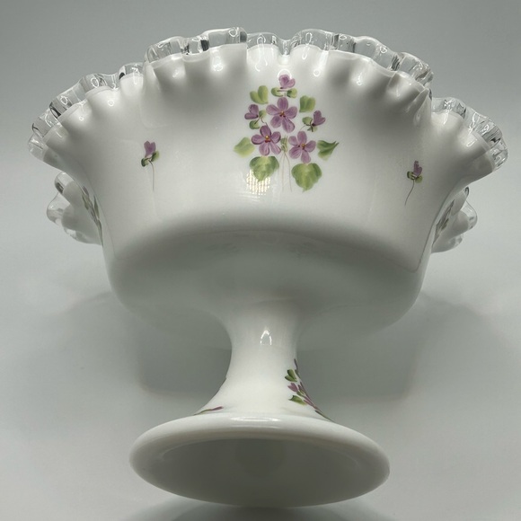 Vintage Fenton Silver Crest "Violets in the Snow" HandPainted Milk Glass Compote - Picture 4 of 11